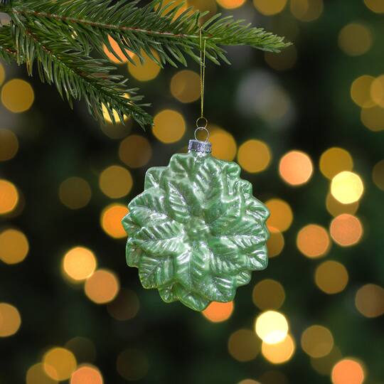 4" Glittered Green Poinsettia Flower Glass Christmas Ornament